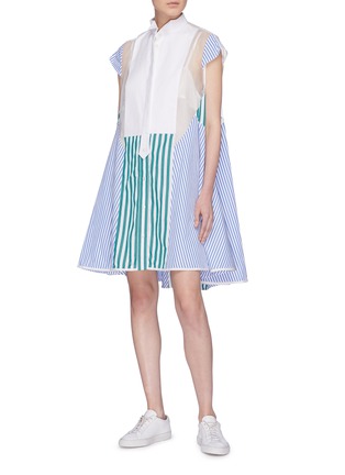 Figure View - Click To Enlarge - SACAI - Organdy panel mix stripe flared shirt dress