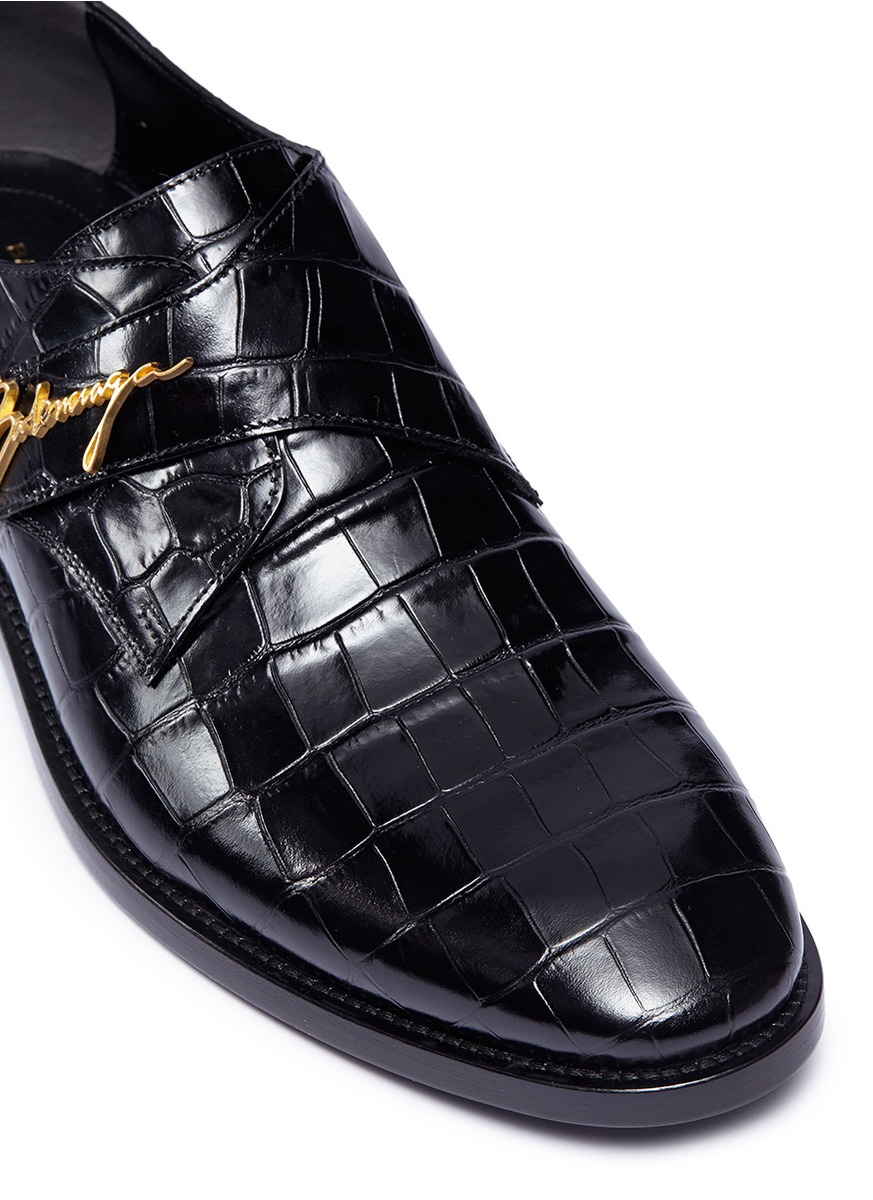 Shop Balenciaga city Evening Monk Strap Croc Embossed Leather Loafers