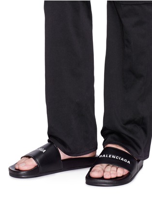 Figure View - Click To Enlarge - BALENCIAGA - 'Piscine' logo print lambskin leather slide sandals