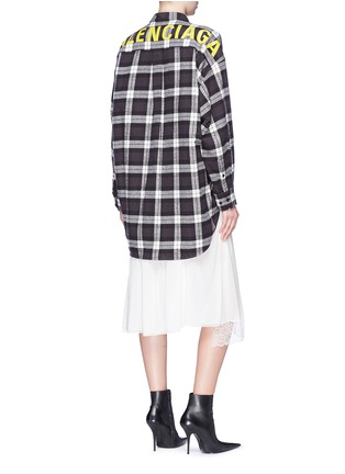 Back View - Click To Enlarge - BALENCIAGA - 'New Swing' logo print tie neck oversized flannel shirt