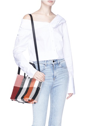 Front View - Click To Enlarge - TRUSS - Small colourblock woven PVC crossbody tote