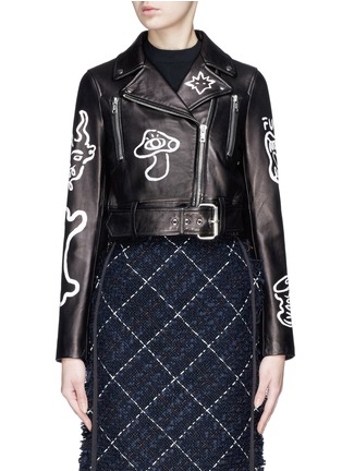 Main View - Click To Enlarge - LOUSY X LANE CRAWFORD - Hand painted belted plonge lambskin leather cropped biker jacket
