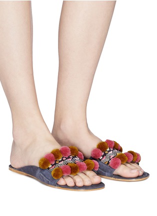 Figure View - Click To Enlarge - FIGUE SHOES - 'Maya Noona' pompom embroidered suede slide sandals