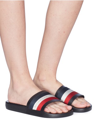 Figure View - Click To Enlarge - MONCLER - Stripe band leather pool slides