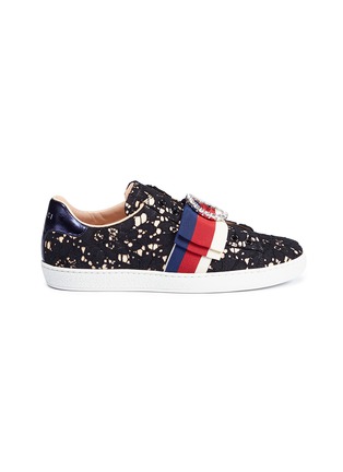 Main View - Click To Enlarge - GUCCI - 'Ace' Sylvie bow guipure lace slip-on sneakers