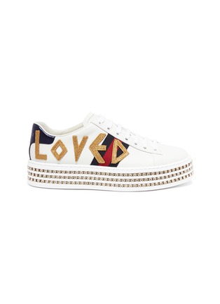 Main View - Click To Enlarge - GUCCI - 'Ace' slogan appliqué leather glass crystal embellished flatform sneakers