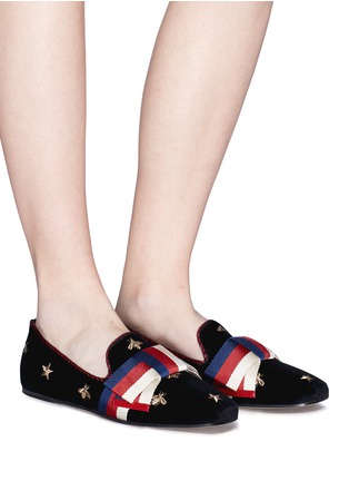 Figure View - Click To Enlarge - GUCCI - Sylvie bow embroidered velvet loafers