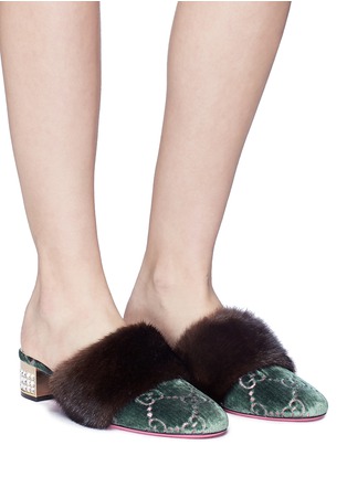 Figure View - Click To Enlarge - GUCCI - GG embroidered mink fur trim velvet mules