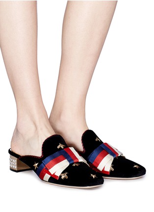 Figure View - Click To Enlarge - GUCCI - Sylvie bow embroidered velvet mules