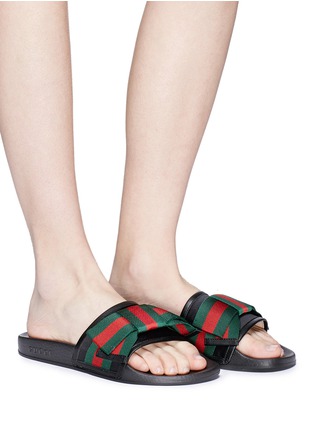 Figure View - Click To Enlarge - GUCCI - Web stripe bow satin slide sandals