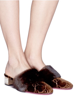 Figure View - Click To Enlarge - GUCCI - GG embroidered mink fur trim velvet mules