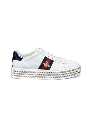 Main View - Click To Enlarge - GUCCI - 'Ace' bee embroidered leather Swarovski crystal platform sneakers