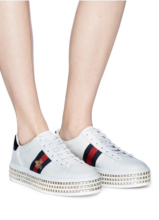Figure View - Click To Enlarge - GUCCI - 'Ace' bee embroidered leather Swarovski crystal platform sneakers