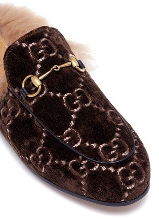 Detail View - Click To Enlarge - GUCCI - 'Princetown' GG embroidered lamb fur velvet slide loafers