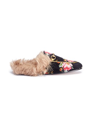 Main View - Click To Enlarge - GUCCI - 'Princetown' floral print lamb fur velvet slide loafers