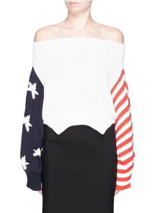 Main View - Click To Enlarge - MONSE - Star and stripe intarsia cropped off-shoulder sweater
