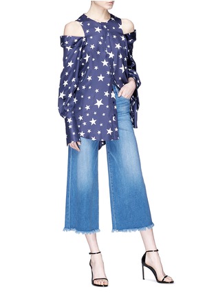 Figure View - Click To Enlarge - MONSE - Star print silk satin cold shoulder shirt
