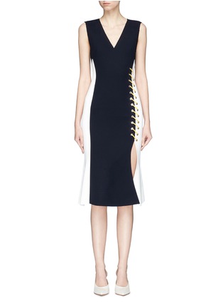 Main View - Click To Enlarge - COMME MOI - Lace-up colourblock side split dress