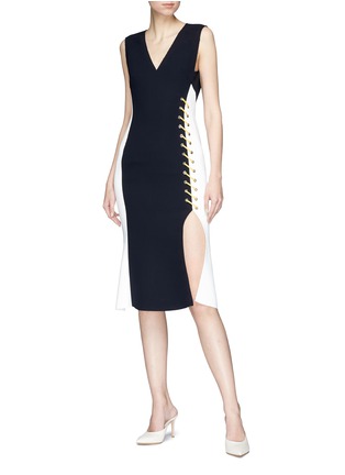 Figure View - Click To Enlarge - COMME MOI - Lace-up colourblock side split dress