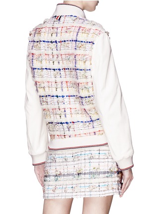 Back View - Click To Enlarge - THOM BROWNE  - Leather sleeve check plaid tweed bomber jacket