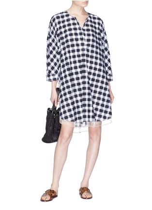 Figure View - Click To Enlarge - SONIA RYKIEL - Faux pearl fringe gingham check fil coupé kaftan