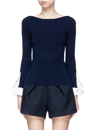 Main View - Click To Enlarge - COMME MOI - Ruffle cuff ribbed panel wool blend sweater