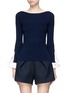 Main View - Click To Enlarge - COMME MOI - Ruffle cuff ribbed panel wool blend sweater