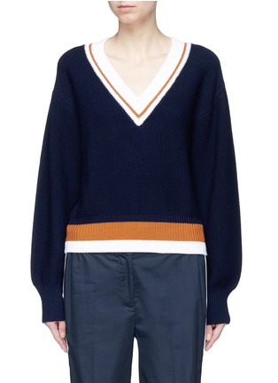 Main View - Click To Enlarge - COMME MOI - Stripe hem V-neck wool sweater