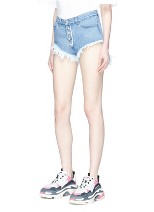 Front View - Click To Enlarge - FORTE COUTURE - Faux pearl button frayed cuff denim shorts