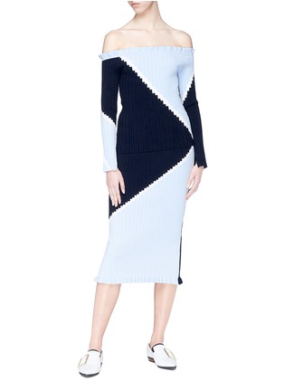Figure View - Click To Enlarge - COMME MOI - Colourblock geometric intarsia rib knit skirt