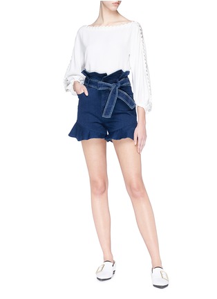 Figure View - Click To Enlarge - COMME MOI - Ruffle denim belted paperbag shorts