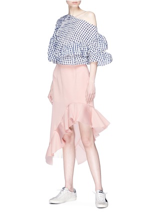 Figure View - Click To Enlarge - DAWEI - Gingham check ruffle one-shoulder top