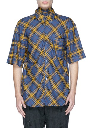 Main View - Click To Enlarge - JUNWEI LIN - Tie collar tartan plaid short sleeve shirt