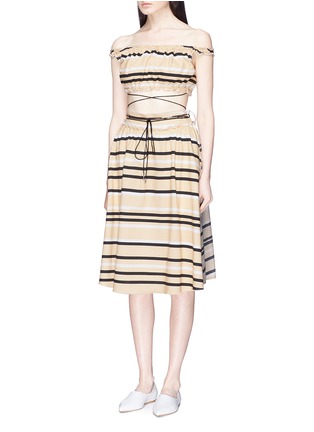 Front View - Click To Enlarge - JW ANDERSON - Two-in-one stripe belted off-shoulder patchwork dress