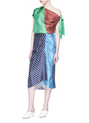 Figure View - Click To Enlarge - TIBI - 'Delphina' colourblock stripe ruched silk twill midi skirt