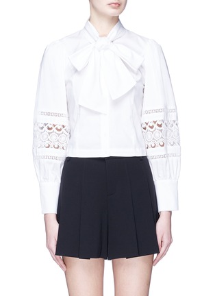 Main View - Click To Enlarge - ALICE & OLIVIA - 'Alvina' pussybow guipure lace panel cropped poplin blouse