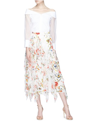 Figure View - Click To Enlarge - ALICE & OLIVIA - 'Yulia' lace godet ruffle floral print silk chiffon skirt
