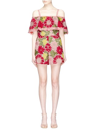 Main View - Click To Enlarge - ALICE & OLIVIA - 'Anelle' floral guipure lace off-shoulder rompers