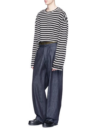 Figure View - Click To Enlarge - JUUN.J - Slogan embroidered stripe oversized knit long sleeve T-shirt