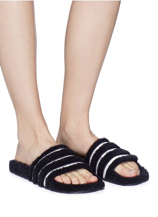 Figure View - Click To Enlarge - ADIDAS - 'Adilette' stripe teddy fleece slide sandals
