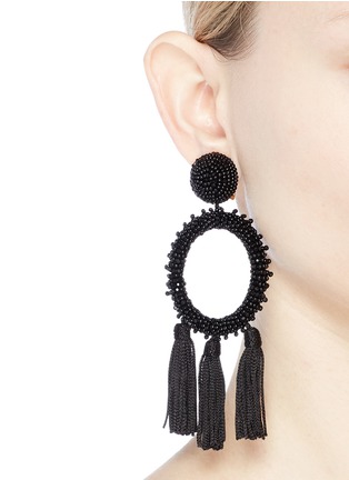 Figure View - Click To Enlarge - OSCAR DE LA RENTA - Beaded hoop tassel clip earrings