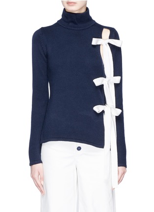 Main View - Click To Enlarge - 74016 - Ribbon tie cutout turtleneck sweater
