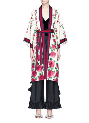 Main View - Click To Enlarge - GUCCI - Rose garden print Web stripe silk twill kimono jacket