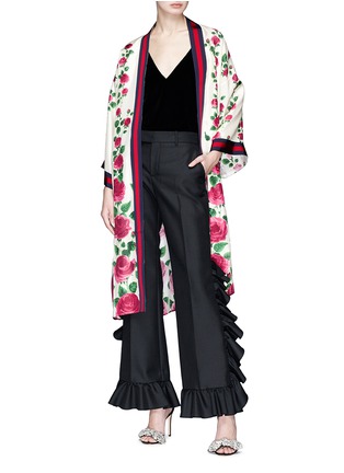 Figure View - Click To Enlarge - GUCCI - Rose garden print Web stripe silk twill kimono jacket