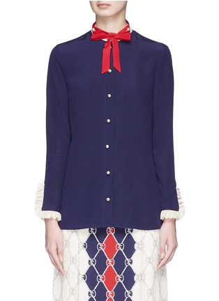 Main View - Click To Enlarge - GUCCI - GG pearl detachable pussybow silk crepe shirt