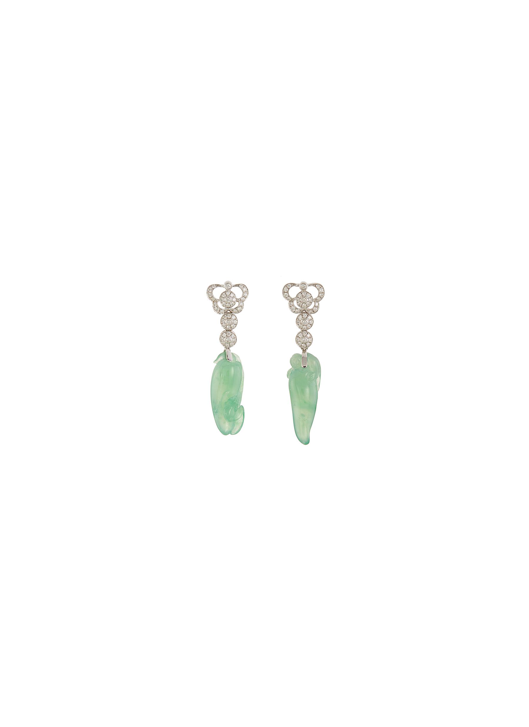 Diamond jadeite 18k white gold mismatched drop earrings