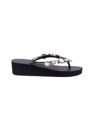 Main View - Click To Enlarge - UZURII - 'Pearl Marilyn Mid Heel' crystal wedge thong sandals