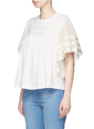 Front View - Click To Enlarge - CHLOÉ - Ruffle crépon sleeve grosgrain stripe T-shirt