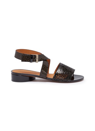 Main View - Click To Enlarge - CLERGERIE - 'Fasso' embossed cross strap lasercut patent leather sandals