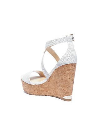 Detail View - Click To Enlarge - JIMMY CHOO - 'Portia 120' cross strap cork wedge embossed leather sandals